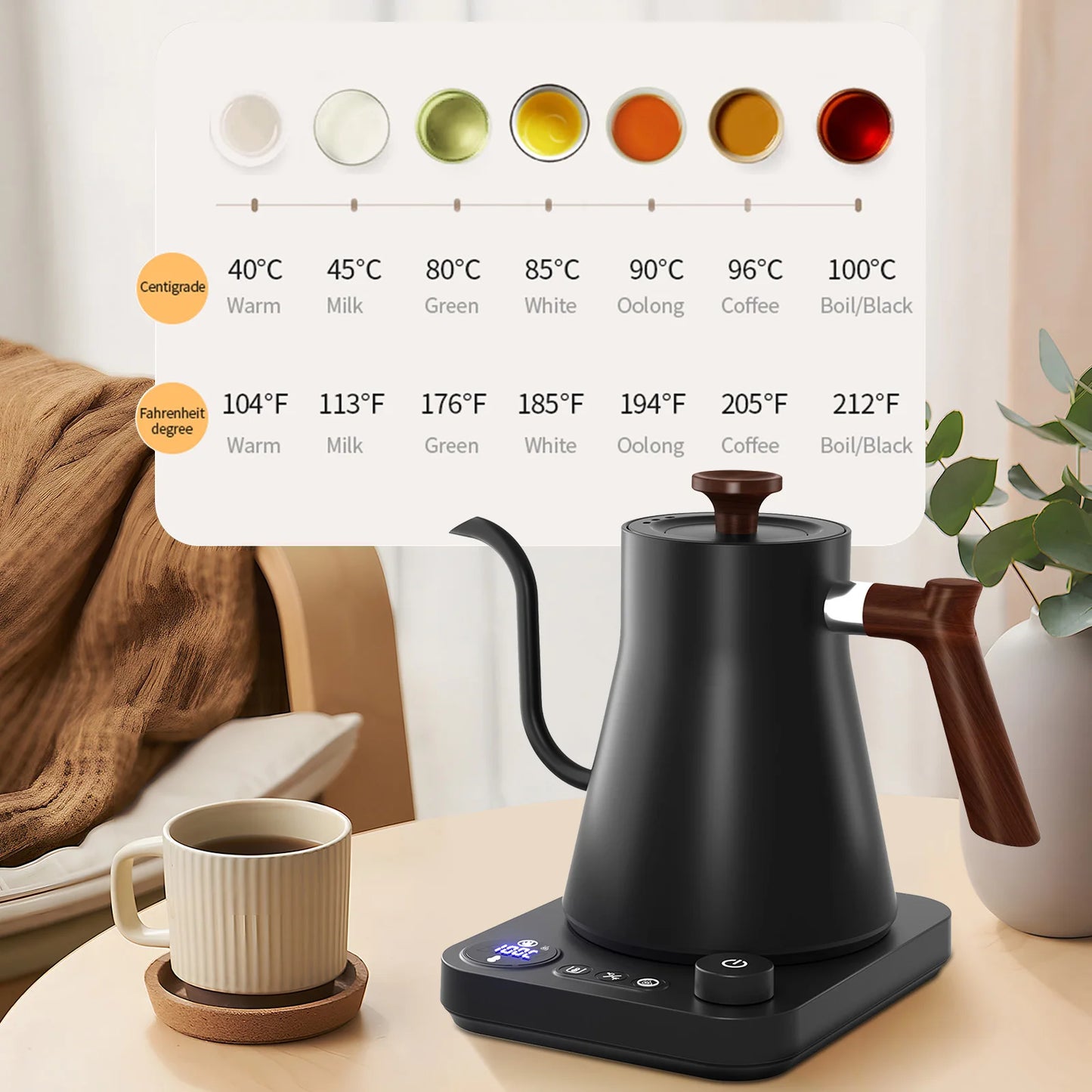 Electric Gooseneck Kettle with LCD & Auto Shut Off, 0.9l