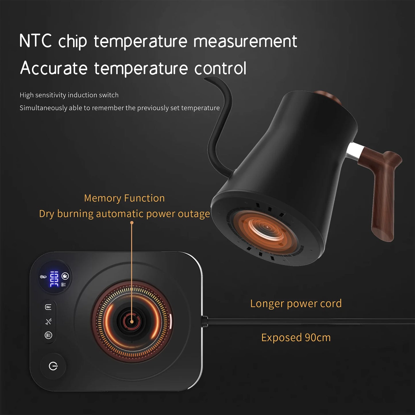 Electric Gooseneck Kettle with LCD & Auto Shut Off, 0.9l